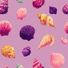 Fototapeta premium Seamless watercolor seashell pattern with colorful scallop and spiral shells on soft pastel background for summer textile design, beach themed packaging, coastal wallpaper, wrapping paper, fabric
