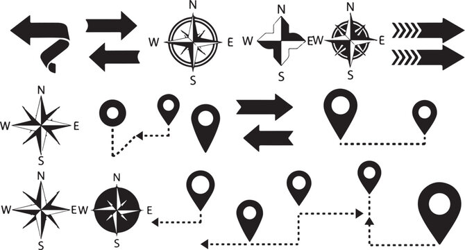 Collection of navigation compass and map icons and symbols