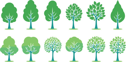 Flat Vector Set of Green Tree Icons and Nature Symbols Isolated on White Background © MdJillur