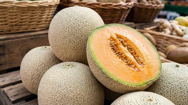 Close-up of fresh cantaloupe or rockmelon pile on a wooden market stand. One melon is cut in half revealing ripe, juicy orange flesh and seeds. Wicker baskets in the background