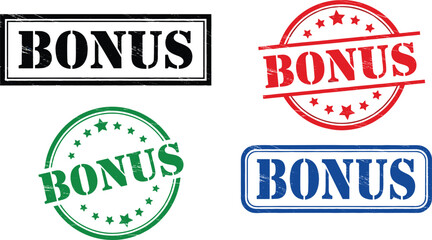 Bonus stamp collection vector set with grunge rubber seal typography labels in red green blue © Vactor Itbd