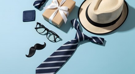Gentleman's accessories laid out on a light blue background