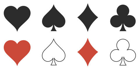 Fototapeta premium Hearts, Spades, Diamonds, and Clubs Vector Icon Collection, Black Playing Card Symbols Representing Four Card Suits for Gaming, Casino Graphics, and Vector Illustration.