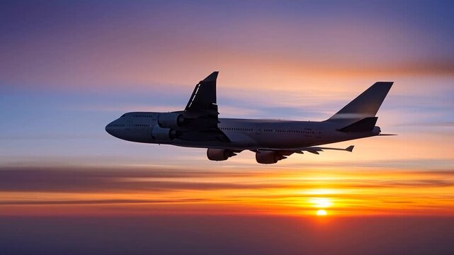 Side view of commercial jet Boeing 747 flying through a golden sunset sky, cruising above clouds at dawn, civil aviation transport, passenger plane in flight with beautiful sunlight background