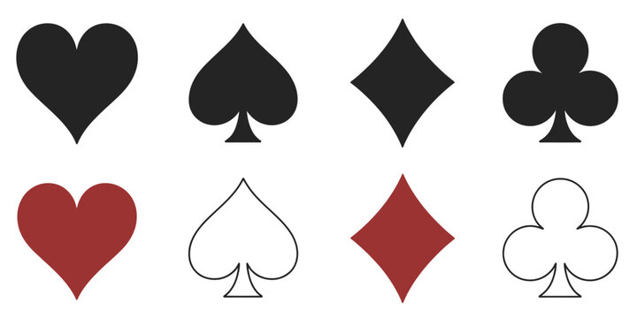 Hearts and Spades, Diamonds and Clubs Card Vector Set, Black Playing Card Icons Featuring Four Card Suits Symbols for Games, Casino, and Design Projects.
