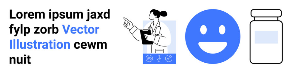 Fototapeta premium Healthcare, wellness, medical education, telemedicine, treatment, consultation. A doctor pointing, a happy face and a medicine bottle are . Healthcare and wellness illustrated
