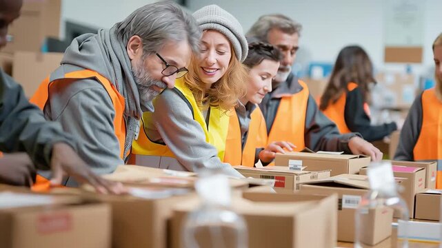 Diverse volunteers in safety vests sorting donated boxes together in warehouse, teamwork and humanitarian aid concept