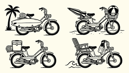Retro Beach Mopeds Set Summer Transport Illustrations © 777SKYLABS