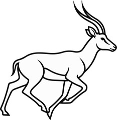 Fototapeta premium Black and white outline drawing of a running antelope with curved horns