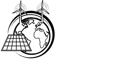 Artistic globe with wind turbines and solar panel icons, symbolizing global green energy