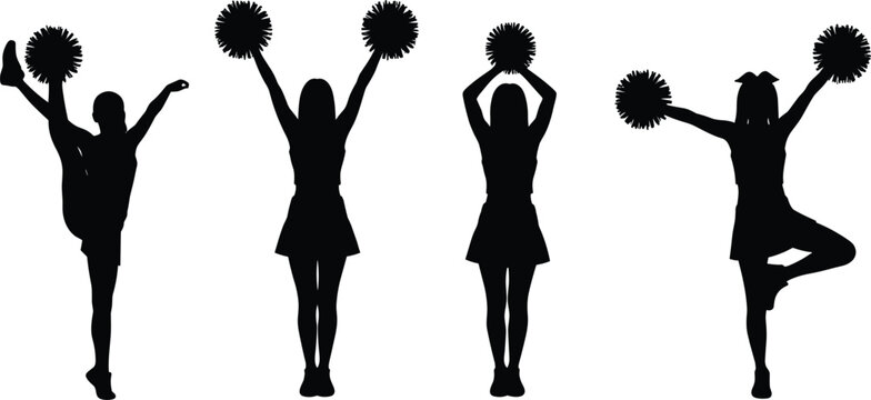 Cheerleader silhouettes set with girls holding pom poms performing dance routines and spirit poses isolated on white background for sports design