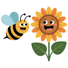 Obraz premium Sunflower with Heart Shaped Leaves and a Cute Bee Cartoon Icon Vector