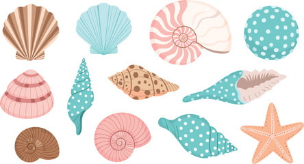 Coastal seashell vector set with polka dot patterns decorative ocean starfish and spiral shells for summer beach greeting cards and nautical decor. © MdGohurul