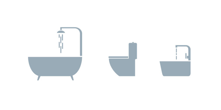 Minimalist gray icon set of bathroom fixtures: clawfoot bathtub with shower, toilet, and sink with running water, isolated on white background, vector-style illustration, clean hygiene concept