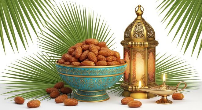 Traditional ramadan food arrangement with dates and golden lantern