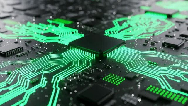Circuit board close-up with green components on dark background  