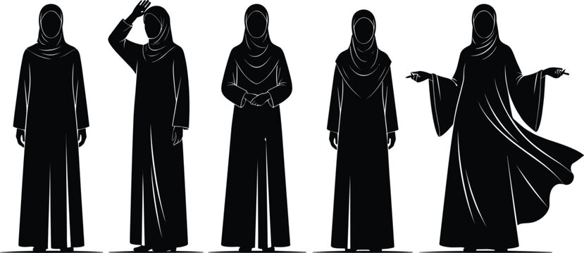 Arab women silhouettes in traditional abaya and hijab, elegant middle eastern female figures set, modest fashion lifestyle icons, vector illustration on white.