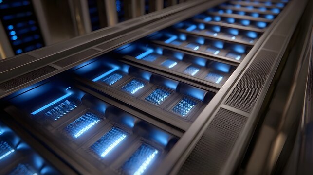 Futuristic server racks illuminated by vibrant blue light suggesting advanced technology and data processing in a digital environment