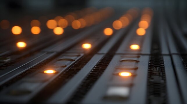 Rows of glowing orange lights on a dark technological surface with blurred background