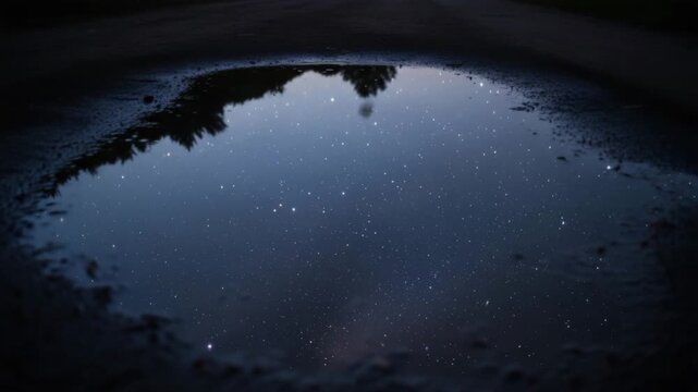 Reflection of night sky in puddle on dark surface  