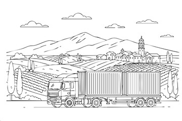 Line art illustration of cargo truck on straight road with mountain backdrop and European hilltop town