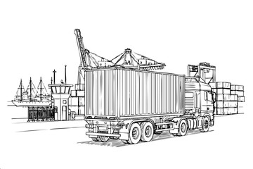 Detailed sketch of freight truck at maritime port with sailing ship crane and stacked cargo boxes