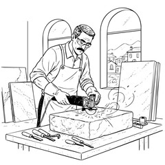 Line art of craftsman using angle grinder on marble stone in traditional Italian workshop with scenic view