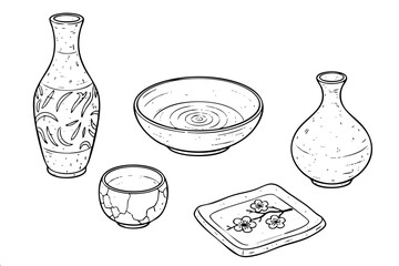 Line drawing of traditional Japanese pottery set including sake bottles decorative bowl tea cup and sakura plate