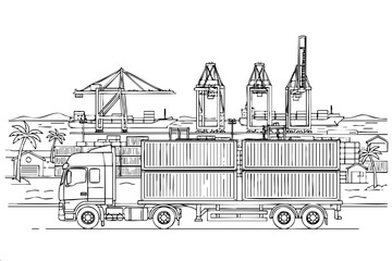Line art of semi truck with containers at busy shipping port with cranes and cargo vessels