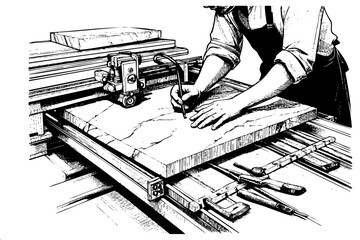 Detailed engraving style illustration of craftsman hands operating precision stone cutting machine in workshop
