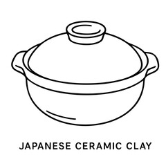 Minimalist line drawing of traditional Japanese ceramic donabe cooking pot with lid and side handles