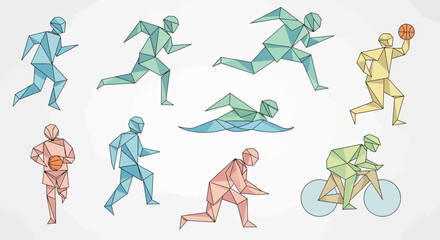  Low Poly Geometric Human Motion Illustration Set Showing Running Jumping And Athletic Action Poses In Dynamic Polygonal Vector Style For Sports Posters Fitness Branding And Motion Graph