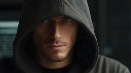 Man in dark hood stares intently eyes piercing through shadows conveying focus and mystery