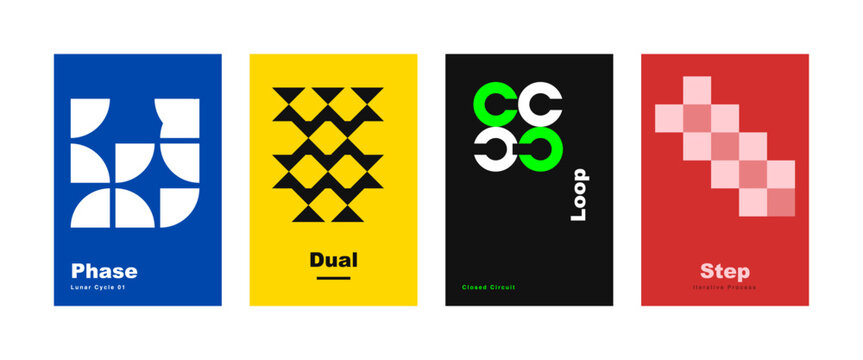 Modern abstract geometric poster set featuring bold red, black, and white Bauhaus-inspired layouts with modular grid, typography, and minimal shapes. Ideal for branding, editorial, print, posters, UI,