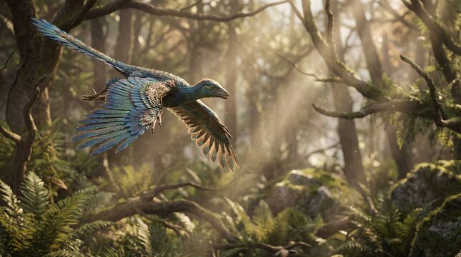 Feathered Microraptor Dinosaur Gliding in Ancient Prehistoric Forest Sunlight