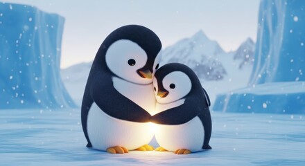 Obraz premium Penguins Sharing Warmth in Snowy Landscape.