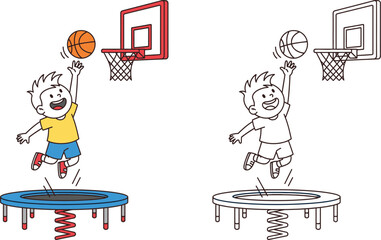 Young Boy Slam Dunking Basketball on Trampoline Kids Playtime Fun Vector © Mehrab