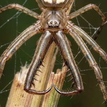 Extreme macro portrait of long-jawed orb weaver showing eye cluster and elongated chelicerae