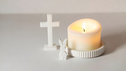 A serene display of faith, featuring a flickering candle and a white cross, embodies the core of religious tranquility.