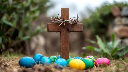 A symbolic Easter scene, a wooden cross stands adorned with a crown of thorns, surrounded by a scattering of brightly colored eggs. Capturing a religious themed scene.