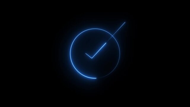  neon syan colar check mark icon animation on black background. Glowing tick mark motion. finance, approval symbol. True sign in neon style 4k video footage. 