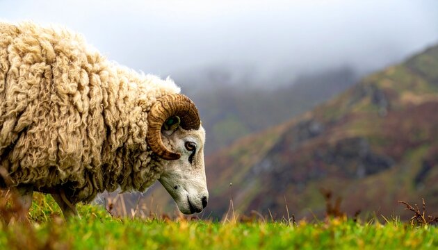 Hardy Herdwick ram grazing on a grassy hillside with dramatic misty mountains in the background