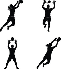 Fototapeta premium Female volleyball player silhouette in dynamic action poses jumping and reaching for the ball on transparent background high quality professional detailed