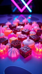 Abstract edible mosaic featuring hexagonal financiers, triangular brownies, and circular meringues in a chromatic gradient ,  art,  flat lay