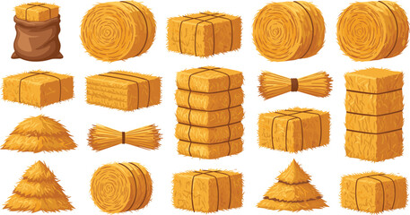 Set of agricultural hay bales and straw bundles icons in flat cartoon style for farm harvest season, countryside autumn landscape, and livestock fodder design elements. © Maslima