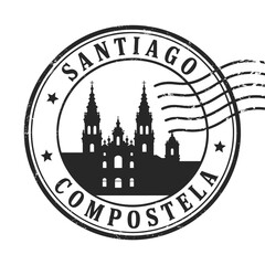 Fototapeta premium Vintage stamp design featuring Santiago de Compostela cathedral silhouette and circular text border