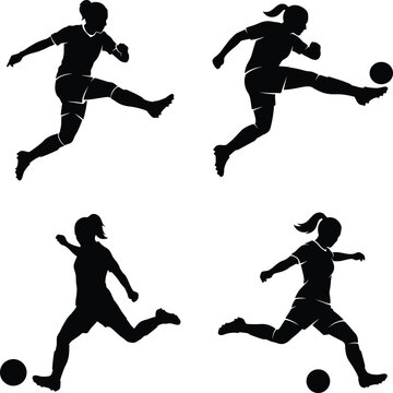 Female soccer player silhouette in dynamic action poses kicking a ball on transparent background high quality professional detailed modern elegant stylish