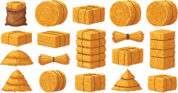 Set of agricultural hay bales and straw bundles icons in flat cartoon style for farm harvest season, countryside autumn landscape, and livestock fodder design elements.