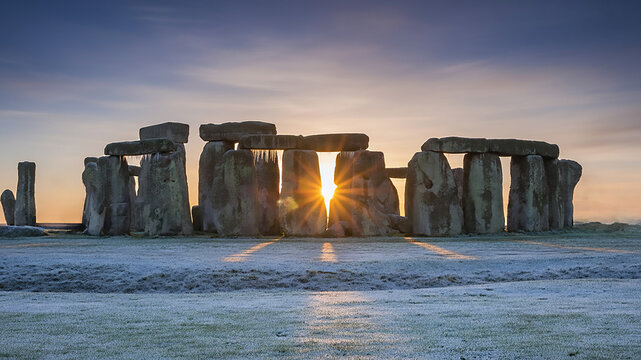 Stonehenge at Winter Sunrise with Sunburst Through Ancient Stones.