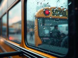 A school bus window with raindrops streaking down the glass, offering a blurred view of the outside world,  rainy,  view